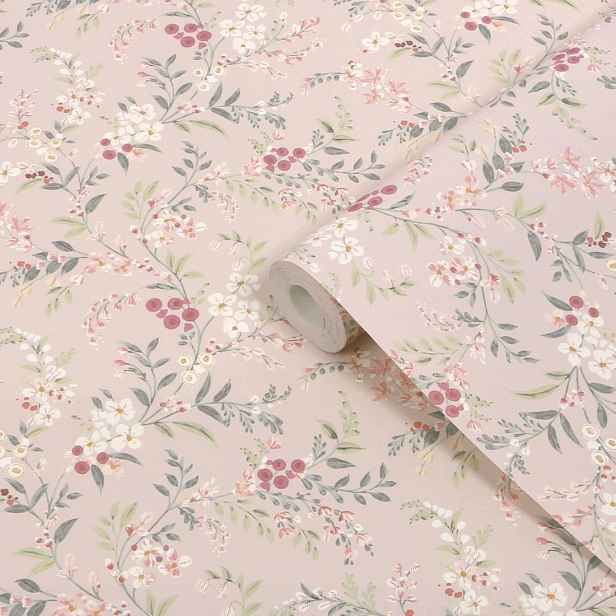 Růžová tapeta s bílými květy na větvičkách, rustikální rostlinná tapeta