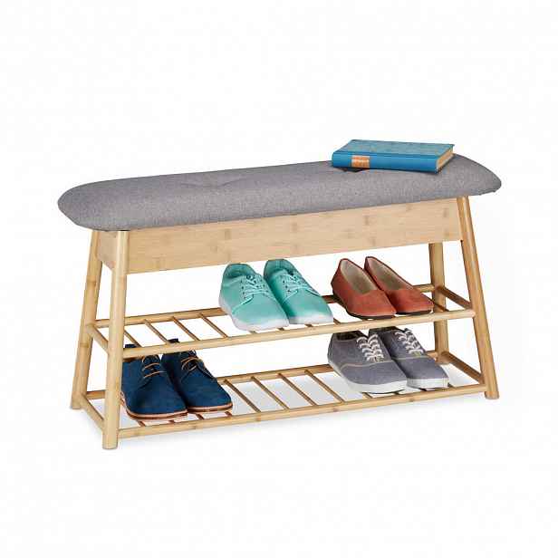 Relaxdays LAVICE Přírodní šedá bambus s polštářem úložný prostor 48x90x28 cm