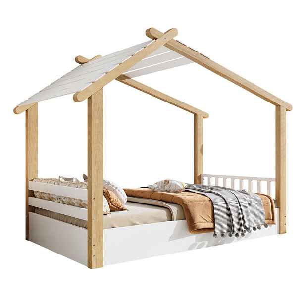 Modfu DĚTSKÁ postel z masivního dřeva, dřevotřísky a MDF 90x190 cm bílá a přírodní s lamelovým roštem a designem domku