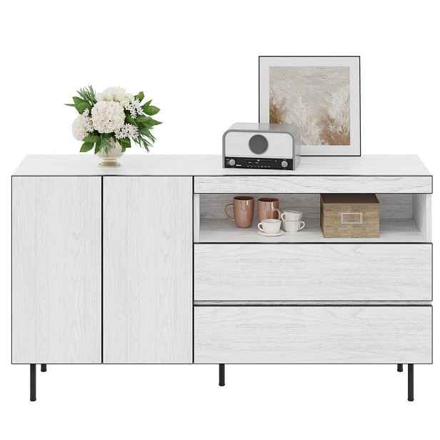 Redom SIDEBOARD 140/42/77 cm s bezúchytkovým designem, tichým dovíráním a otevřenými policemi, Bílá