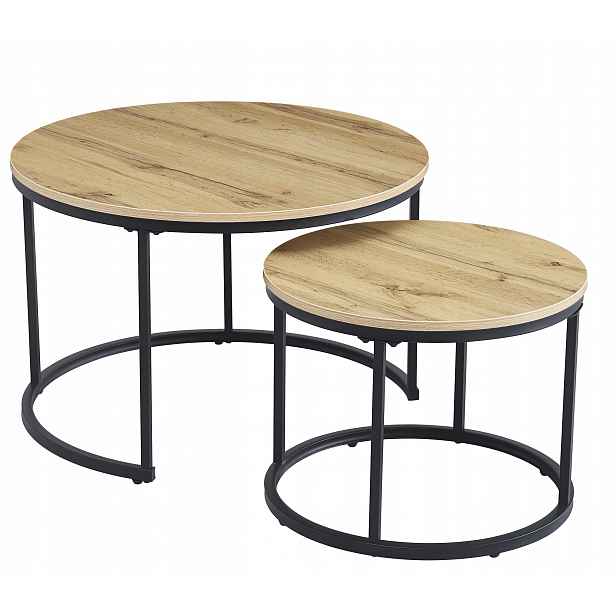 Set 2 Kávových Stolků Loft Kulatý Dub Moderní Industriální 70/50 cm