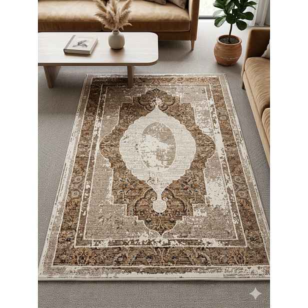 Koberec vintage 160x230 cm béžovo-hnědý orientální měkký