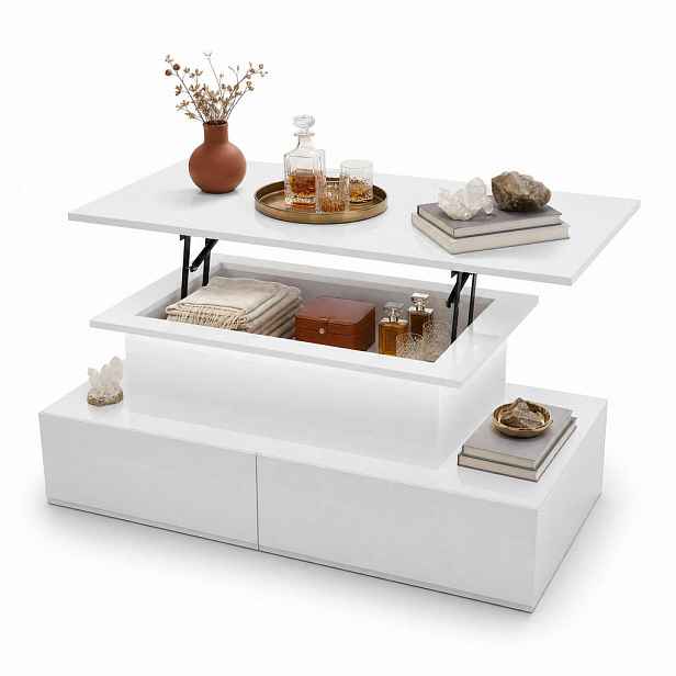 CHICFURN KONFERENČNÍ STOLEK 90 × 55 × 41 cm v bílé barvě se 4 zásuvkami, výsuvnou deskou a LED osvětlením
