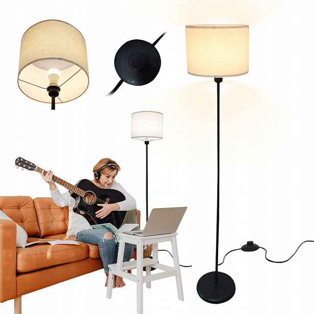 Stojací Podlahová Lampa Noční Lampa E27 Lněné Stínítko Vintage 156 CM