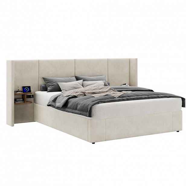 Modfu ČALOUNĚNÁ postel ze sametu 160x200 cm béžová s USB, zásuvkami, úložným prostorem a 2 nočními stolky
