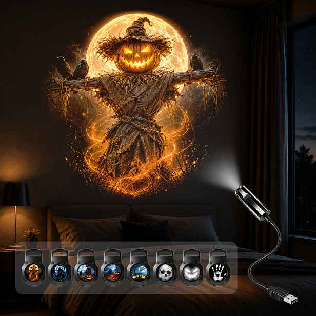 TEMU USB Halloween Projektorové Světlo, Dodáváno s 8 Diapozitivy Včetně Strašáka, Smrťáka a Dýně; Ideální jako Sváteční Noční Světlo do Ložnice