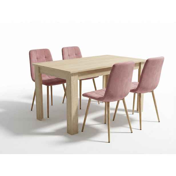 Jídelní set 1 + 4, stůl UMEKO 120x80 cm dub sonoma + růžová sametová židle KARA