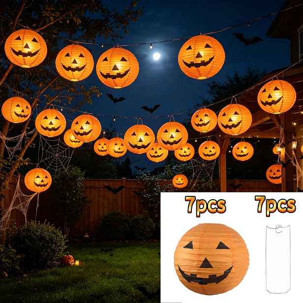 TEMU 14ks Smíšené Halloweenské Dýňové Papírové Lampionové Dekorace, Včetně Lampionů a Kovových Stojanů, pro Vnitřní a Venkovní Zavěšení v Domácnosti,