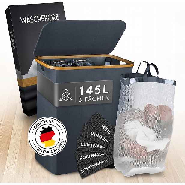 Koš Na Prádlo 145 L S Víkem, 3 Přihrádky, Voděodolný, Skládací