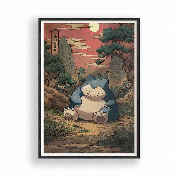 Obraz Pokémon Snorlax Japonsko Plakát Rámeček Dřevěný Černý 30x42 cm