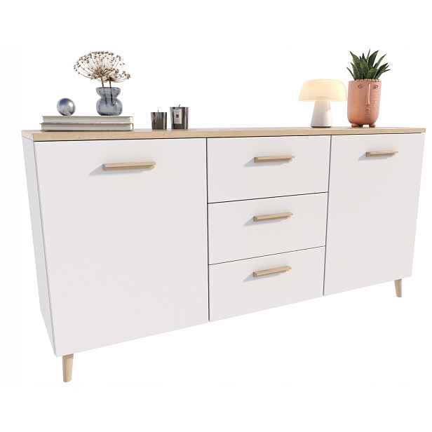 Komoda skříňka Malmo 2D3S 150 cm dub artisan-bílá skandinávská s Pe nožičkami