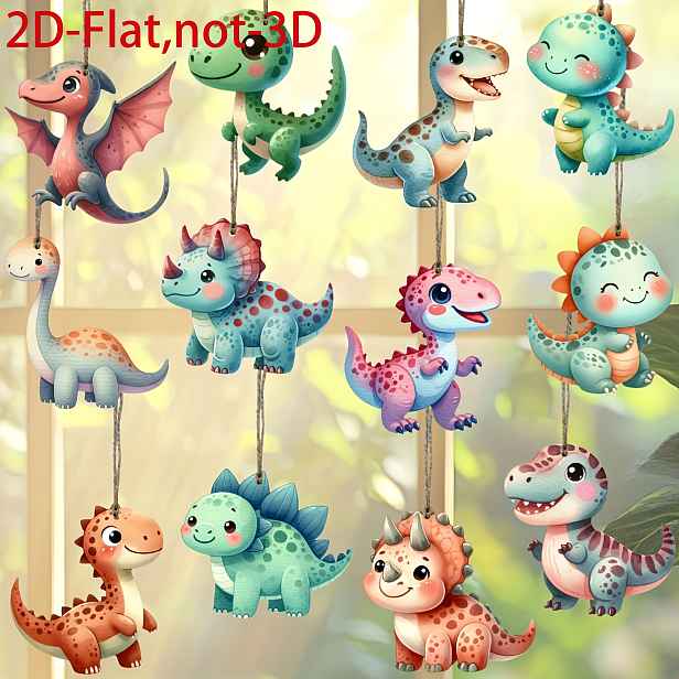 TEMU Rodinná sada 12 dřevěných dekorací s dinosaury - Barevné závěsné dekorace na narozeninové oslavy - Domácí dekorace z umělého dřeva, bez potřeby