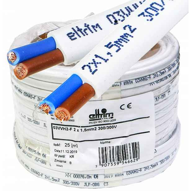 Kabel OMYp 2x1,5 mm Cu lanko měděné ploché bílé 25 m