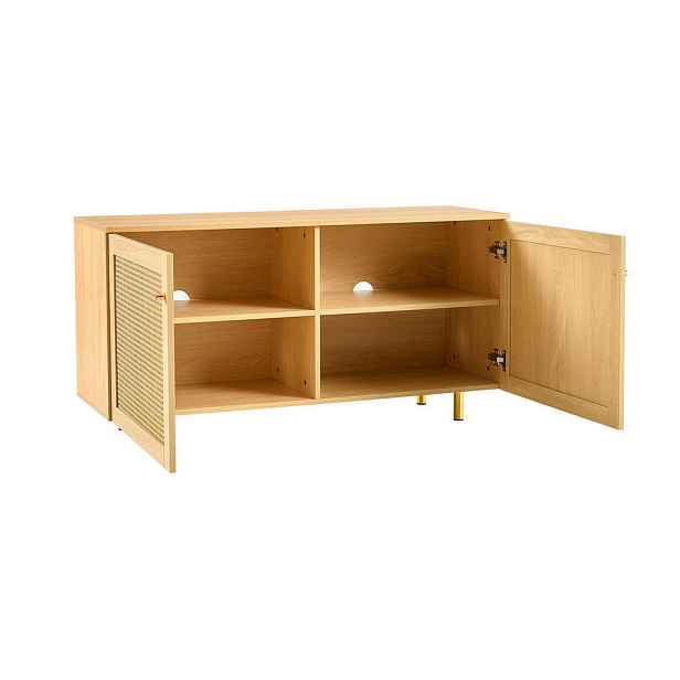 Redom SIDEBOARD 120/40/63 cm s ratanovými dvířky, zlatými úchyty a kovovými nohami, Přírodní