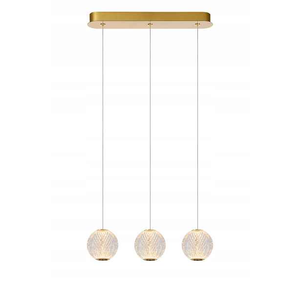 Závěsná Led lampa trojitá zlatá, křišťálové koule, teplé světlo Lucide