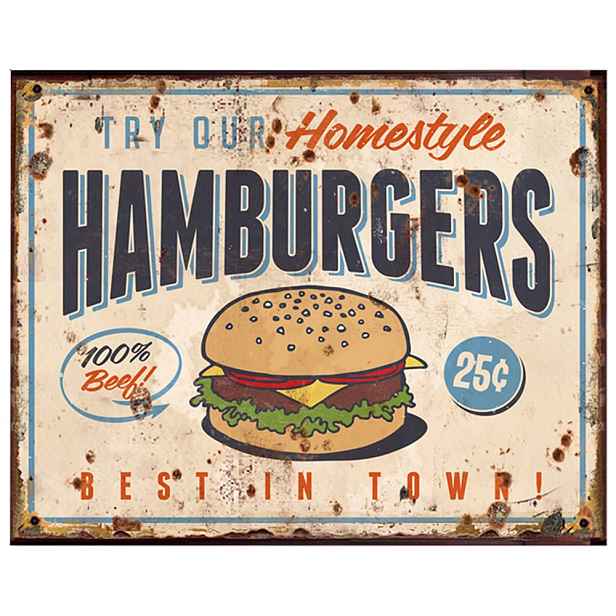 Béžová antik nástěnná kovová cedule Hamburgers - 25*1*20 cm Clayre & Eef
