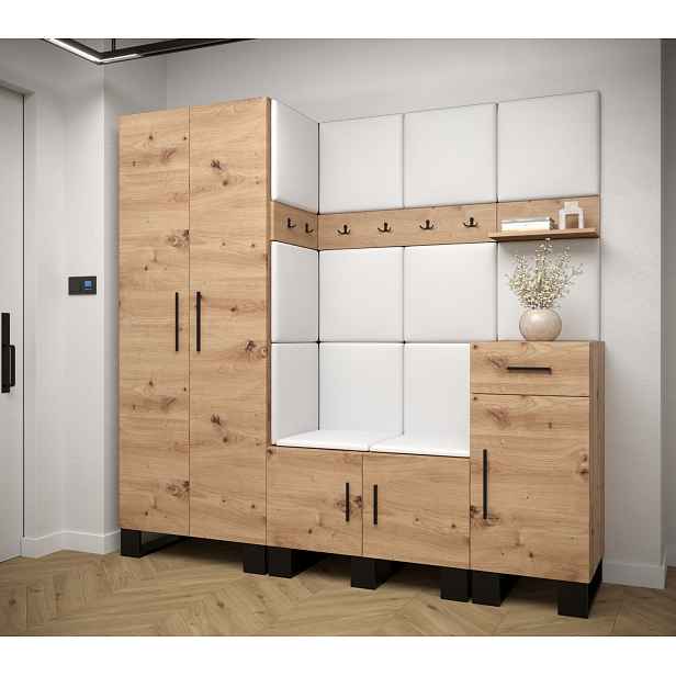 Předsíňová sestava RUMIE 1 - dub artisan, bílé panely z ekokůže
