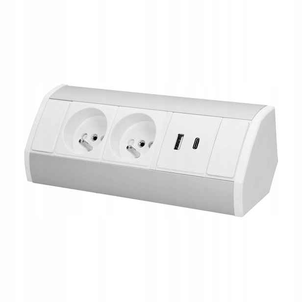 Nábytková zásuvka 2x2P+Z, 2xUSB (typ A+c; 2,4A), bílo-stříbrná