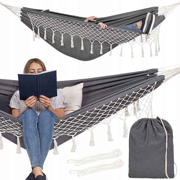 Dvoulůžková Houpací Síť Houpačka 260x150 cm XXL Boho Třásně 200 kg Polštáře
