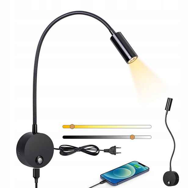 Nástěnné Svítidlo Led Černé S Pohyblivým Ramenem, Spínačem, Pro Čtení U Postele, Usb, Odolné