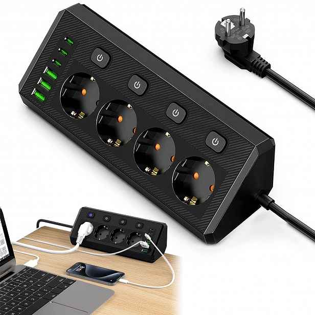 Prodlužovací Kabel Zásuvková Lišta Nabíječka 4 Zásuvek S Vypínači 6X Usb 2 M