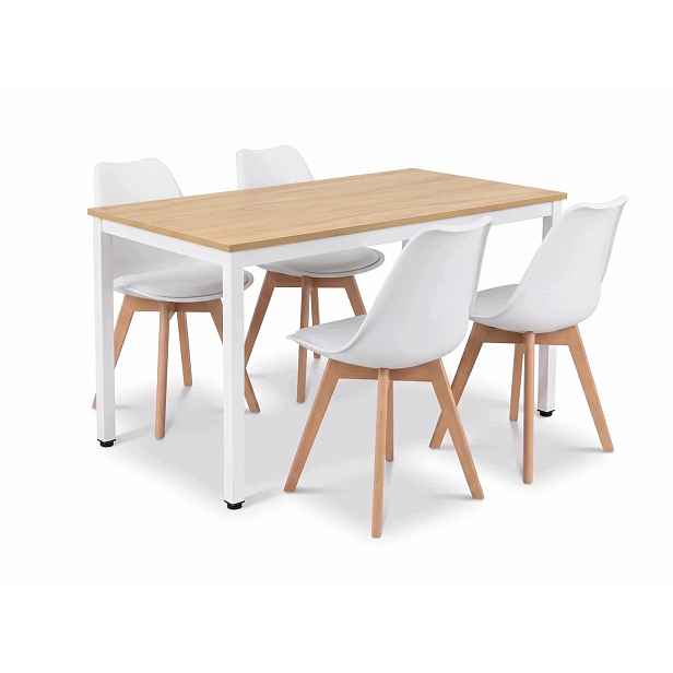 Stůl Loft 120x60 Dub Sonoma 4 skandinávská křesla s polštářem, bílá