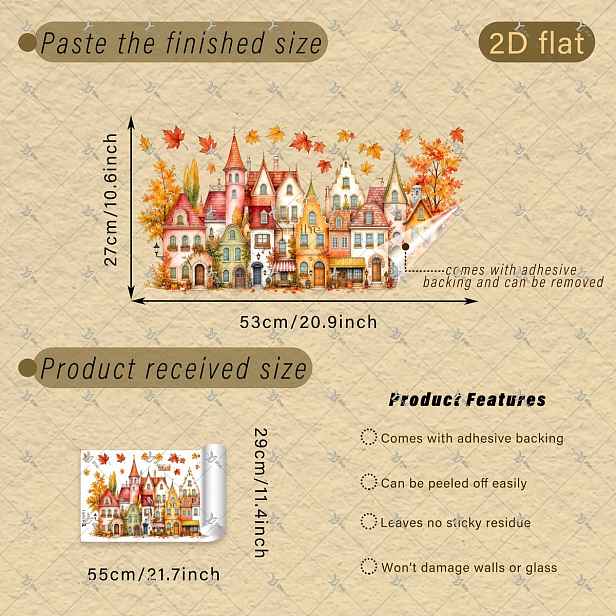 TEMU 2D Ploché, 1ks 2D Ploché Tištěné Podzimní Pohádkové Městečko Domy Javorový Dýně Javorový List 30*55cm Samolepky na Okno Kreativní DIY Samolepicí
