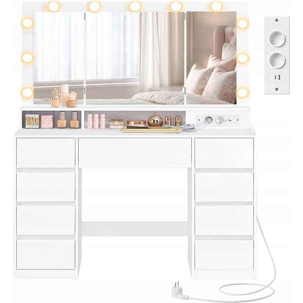 Vasagle Toaletní Stolek Premium se zrcadlem Led 9 zásuvek 107 x 40 x 144 cm bílý