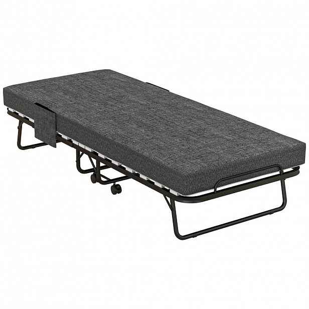 HOMCOM SKLÁDACÍ POSTEL Hostinská postel s kolečky, matrace 10 cm, potah, boční kapsa, šedá