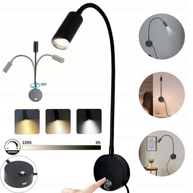 Černé Led Nástěnné Svítidlo Na Čtení, Noční Lampa Do Ložnice 3W Do Ložnice