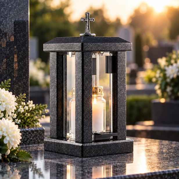Granitový lampion Impala Černý Hřbitovní Svíčka Náhrobní lampa Švéd Kříž
