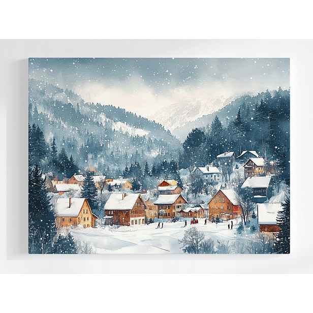 Plakát Zima Krajina Hory Vesnice Osada Domy Sníh Les 100x75