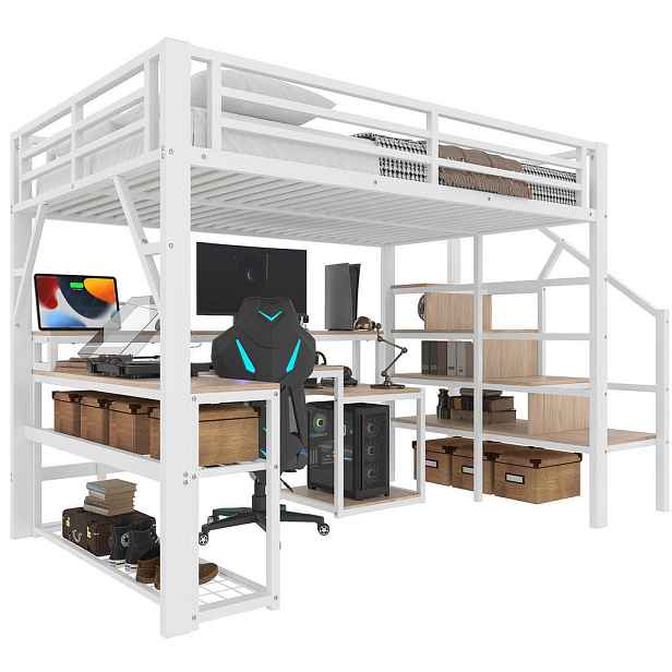 Modenvie VYSOKÁ postel 140/200 cm z kovu a MDF, bílá, s psacím stolem, LED a USB