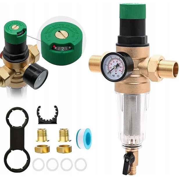 Proplachovací filtr 3/4" (DN20) s manometrem, reduktorem tlaku a vodním filtrem