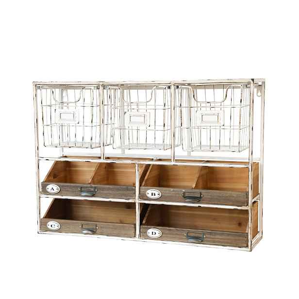 Bílá antik kovovo - dřevěná nástěnná polička s košíčky Shain - 71*18*50cm Chic Antique