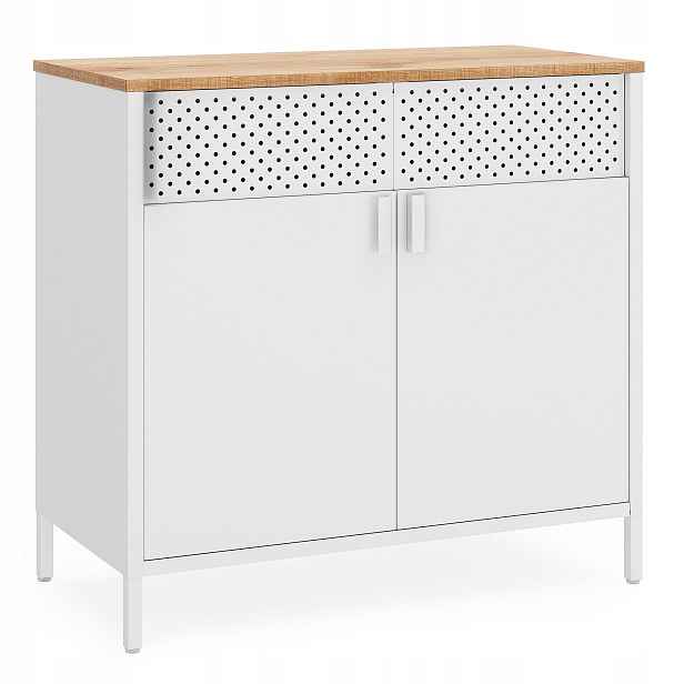 Kovová komoda do obývacího pokoje s béžovou deskou z Mdf, bílo-béžová