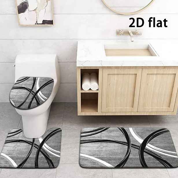 TEMU 2D ploché, 2D ploché, 2D ploché tisk 3ks/4ks černobílé abstraktní linky koupelnové předložky minimalistický styl moderní styl sada koupelnových