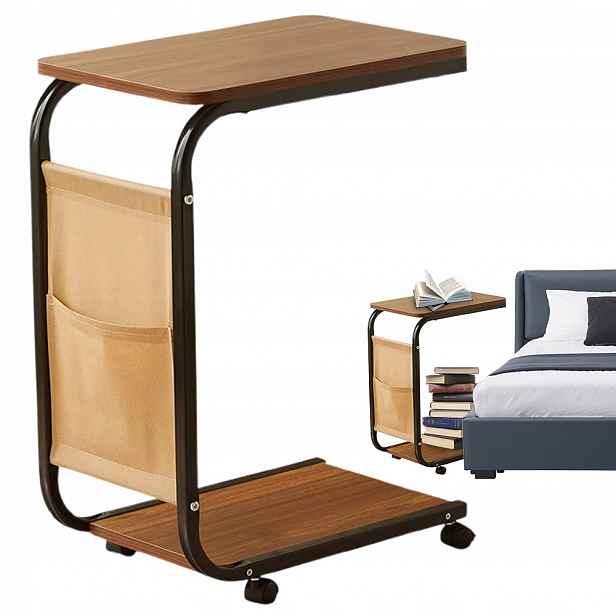 Boční Stolek Ve Tvaru C S Kapsou, 63 CM Pod Postel, Kávový, Mobilní