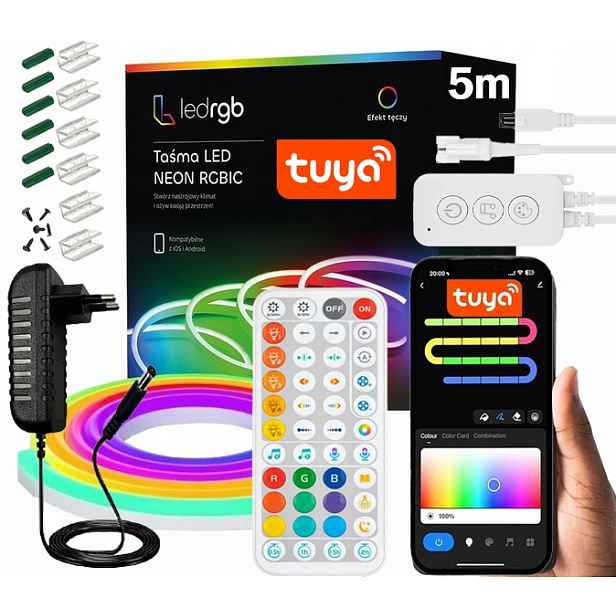 Set Led Pásek 5M Neon 5050 Rgbic Wifi Tuya Aplikace Dálkový Ovladač Napájecí Adaptér 12V