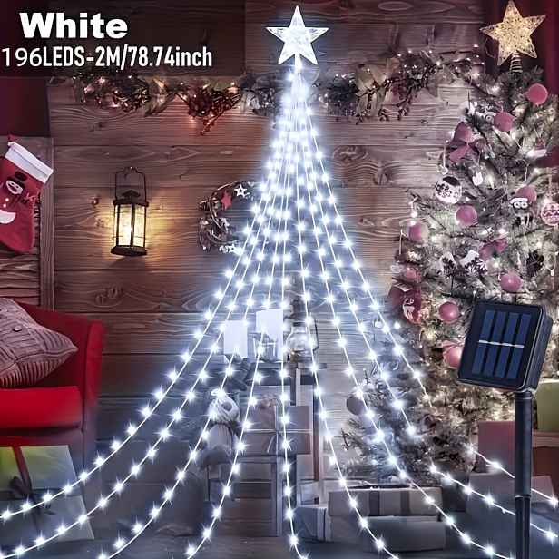 TEMU 1 ks 196 LED vánočních světelných řetězů, 9 pramenů 2M vodopádových světelných řetězů na stromeček, solární napájení, LED pohádkové světelné