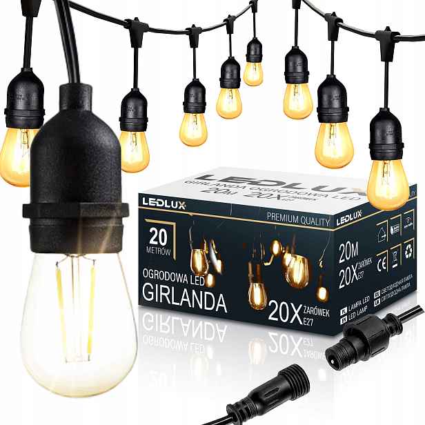 Venkovní zahradní Led girlanda světelný řetěz 20m 20x E27 1W žárovka
