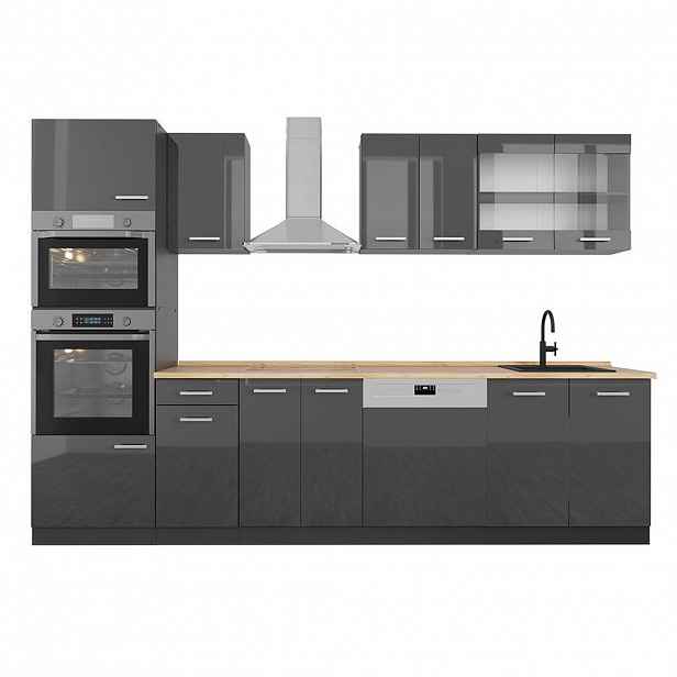 Vicco KUCHYŇSKÝ KOUT R-Line Antracitový vysoký lesk 300 cm s vysokou skříní, bez pracovní desky