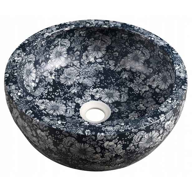 Priori keramické umyvadlo na desku, O 41 cm, modré květy (PI038) /po/