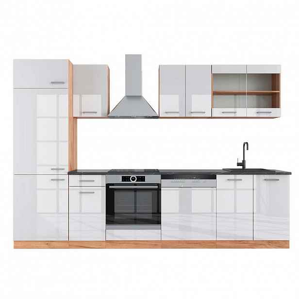 Vicco KUCHYŇSKÝ KOUT R-Line Bílý vysoký lesk/zlatý dub power 300 cm , PD Antracit