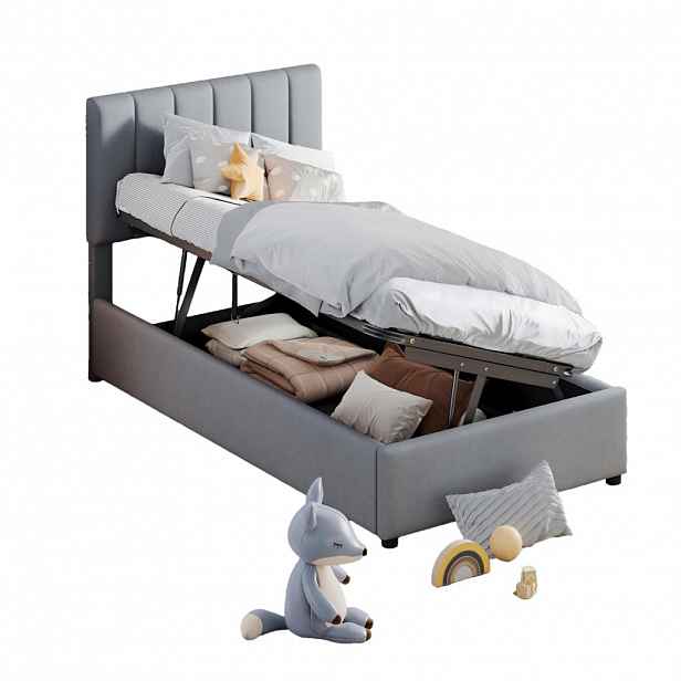 OKWISH DĚTSKÁ postel 90/200 cm šedá z lněné látky s hydraulickým úložným prostorem