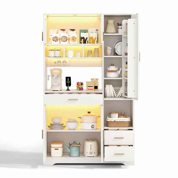 EVRYAE BUFFET Kuchyňská skříňka se skleněnými dvířky a všestranným úložným prostorem, 185/105/40 cm, dřevěný materiál, bez uvedení barvy