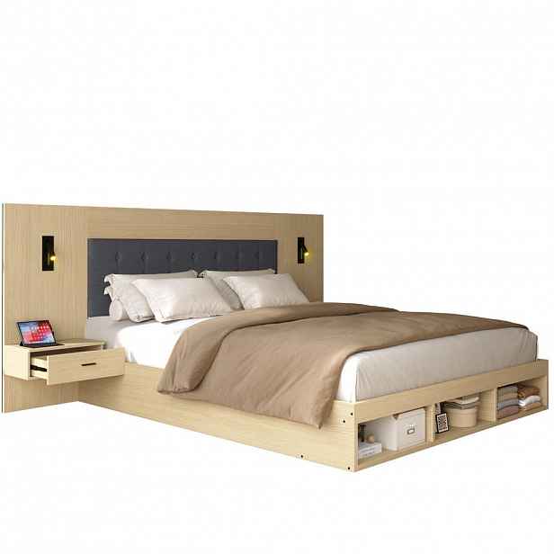 Modfu DVOJLŮŽKOVÁ postel z MDF 160x200 cm světle dubová s úložným prostorem, USB a Type-C nabíjením, čtecím světlem a 2 nočními stolky