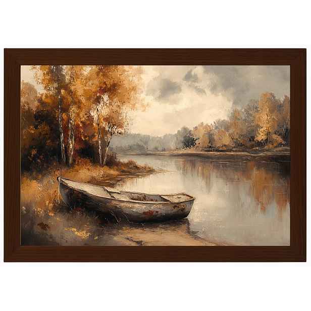 Plakát Rámeček Dřevo Podzimní Krajina Loďka Řeka Zlatá Podzim 60x40