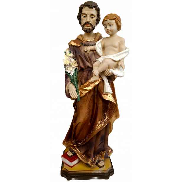 Figurka sv. Josefa s Ježíškem a lilií – Opatrovník Rodiny – výška 29 Cm