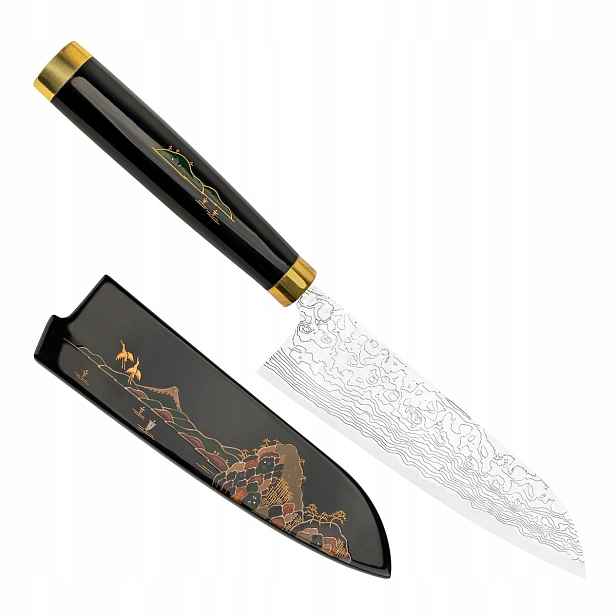 Takeshi Saji Art Fuji On Lake Kuty R-2 Japonský Nůž Santoku 18 cm a Saya